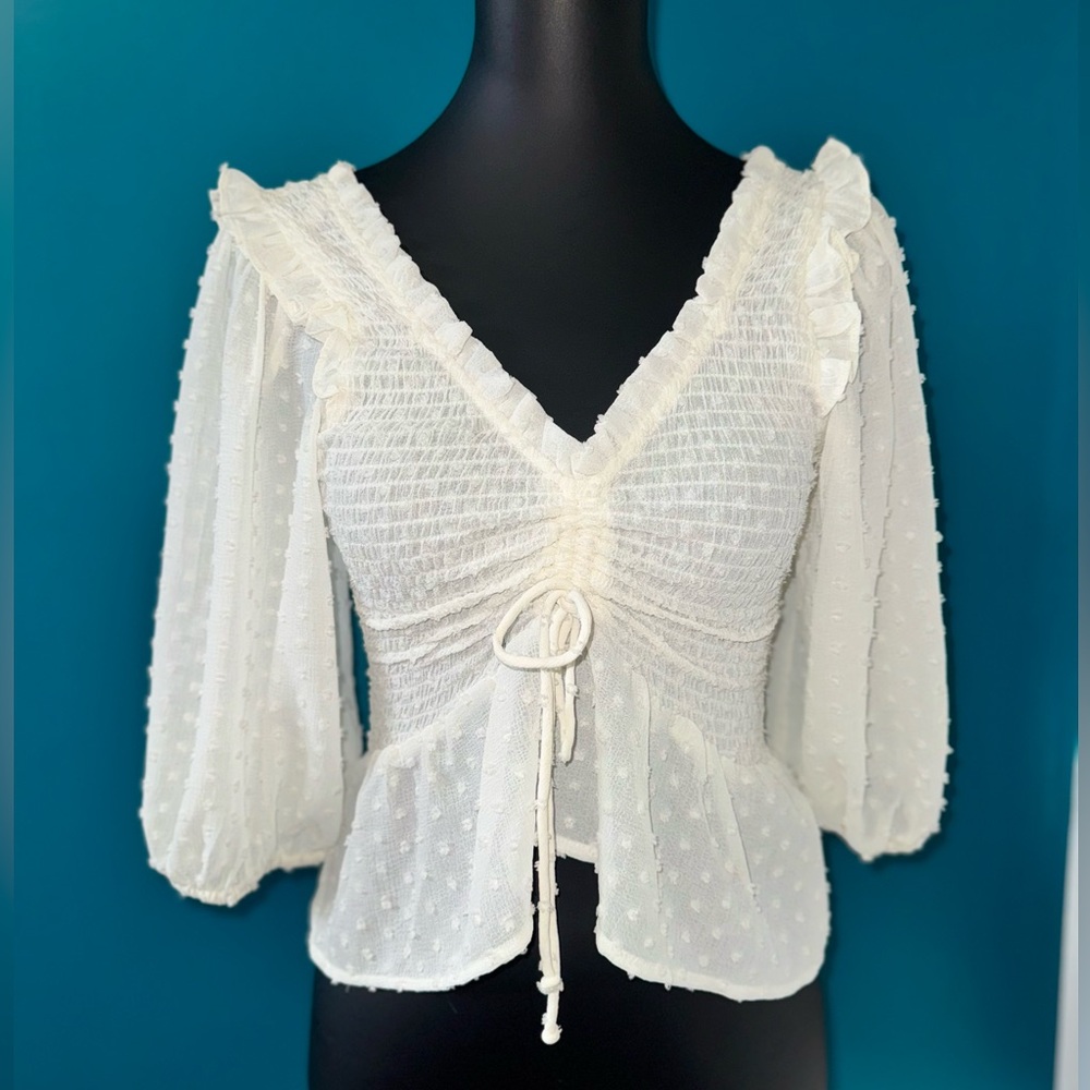 Topshop Cream Textured Blouse with Ruffles